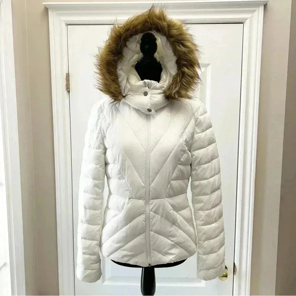 Joe Fresh Puffer Jacket Faux Fur Trimmed Hood Quilted Winter Coat White Small - Picture 16 of 16